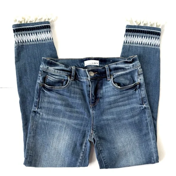 LOFT Tassel Hem Embroidered Boho Modern Skinny Ankle Jeans Size 27 / 4 - Picture 1 of 14